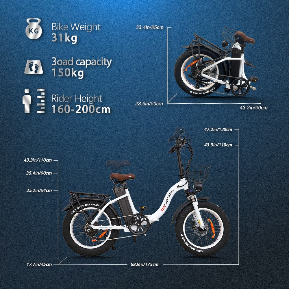 DRVETION CT20 20" Fat Tire sähköpyörä 750W moottori 48V 10Ah/15Ah/20Ah akku