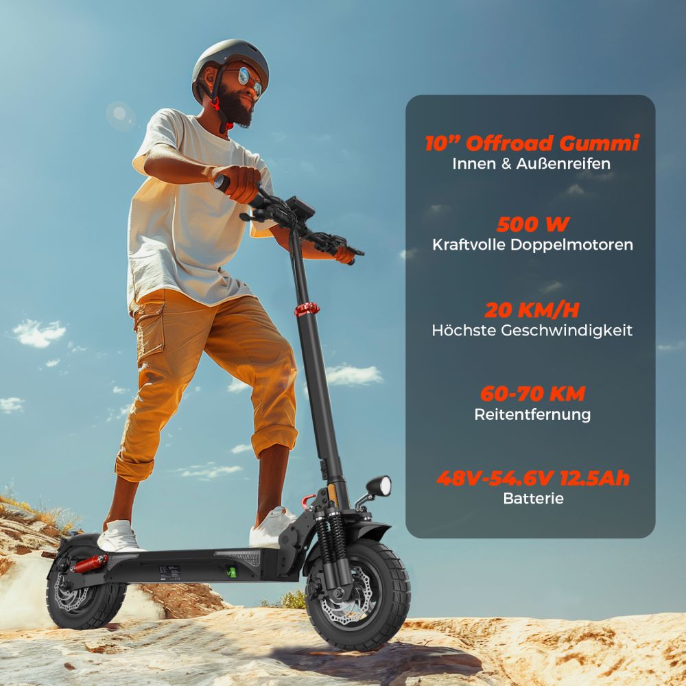 Patinete eléctrico todoterreno ISINWHEEL T4 de 10" con motor de 1000 W homologado para circular y batería de 42 V y 12,5 Ah (ABE)