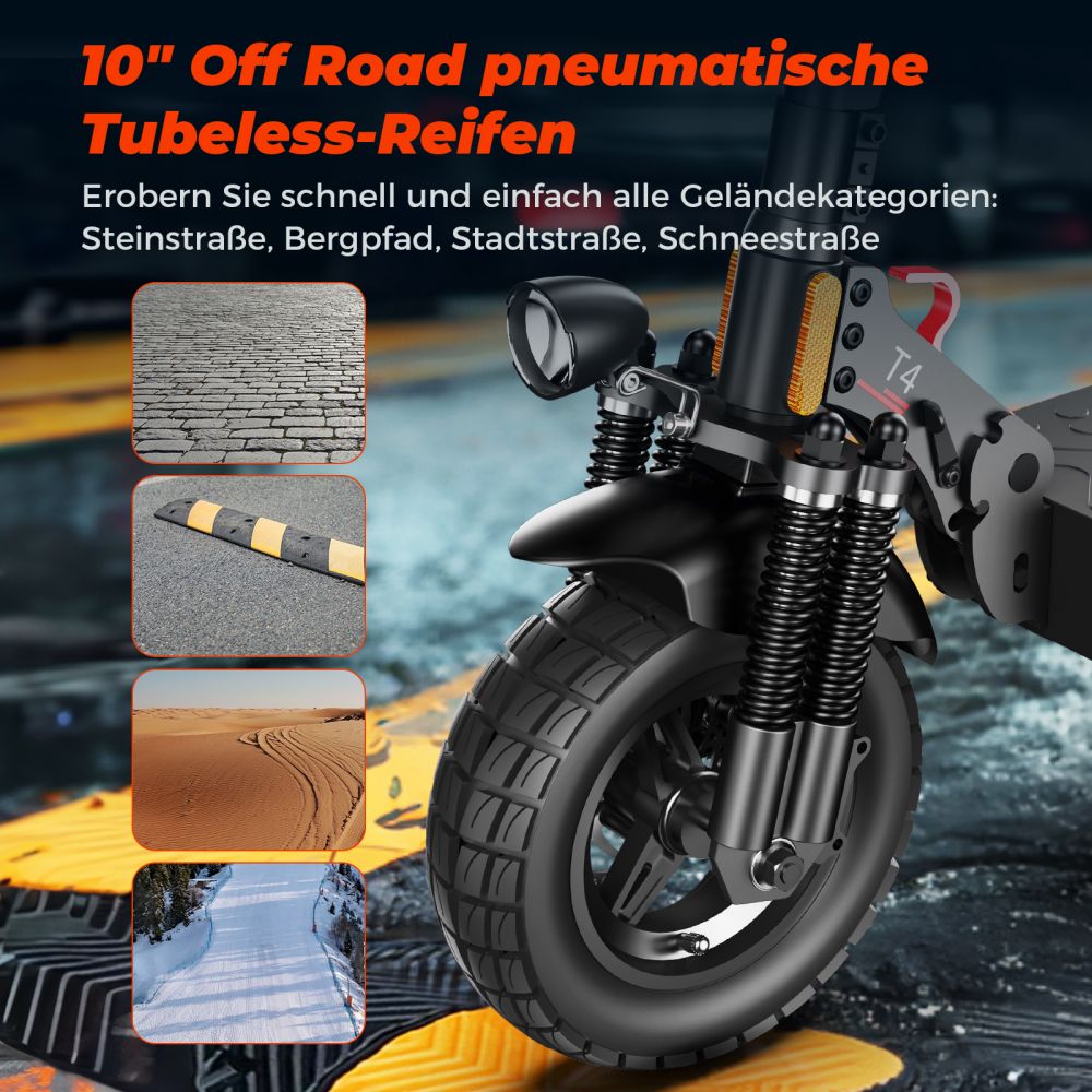 Patinete eléctrico todoterreno ISINWHEEL T4 de 10" con motor de 1000 W homologado para circular y batería de 42 V y 12,5 Ah (ABE)