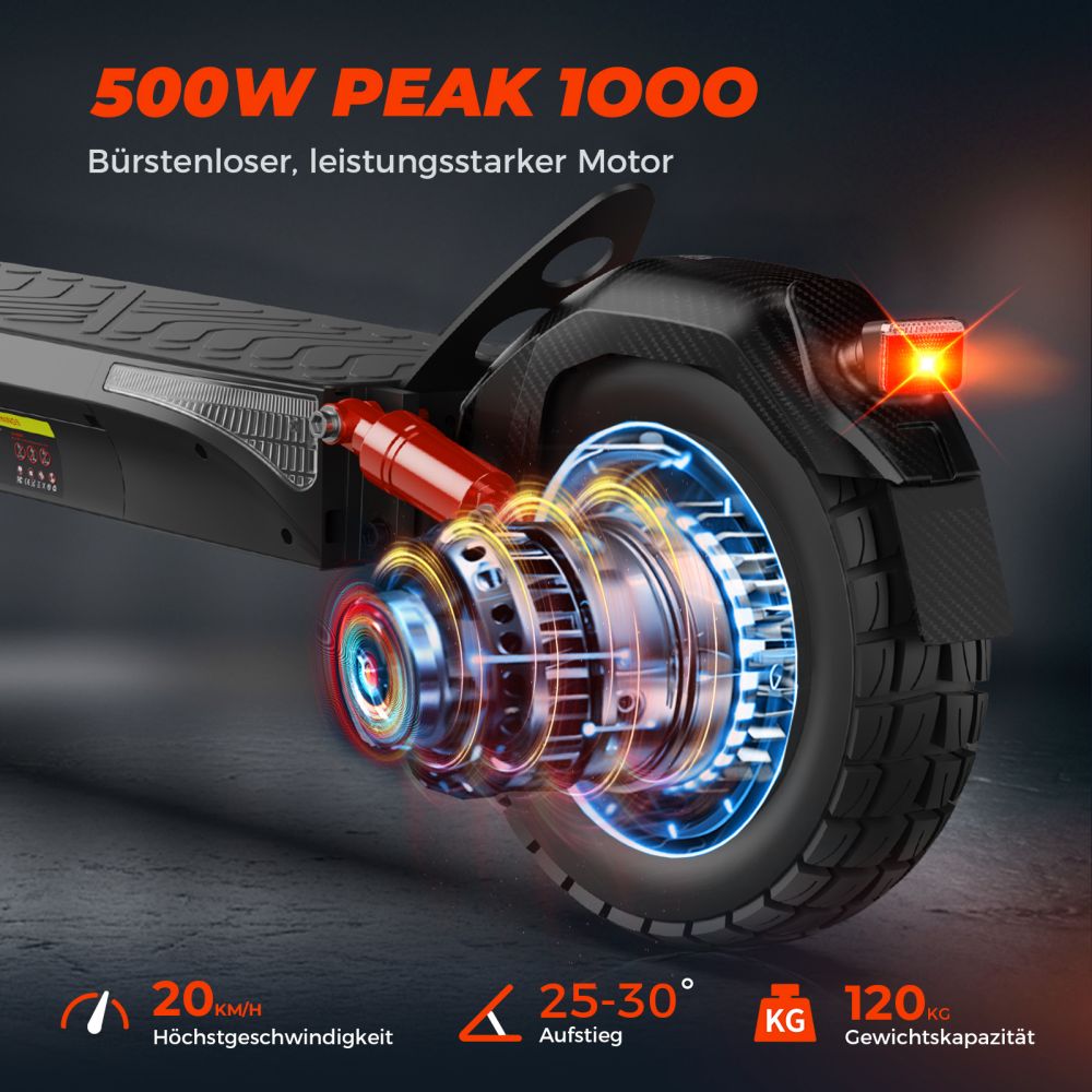 Patinete eléctrico todoterreno ISINWHEEL T4 de 10" con motor de 1000 W homologado para circular y batería de 42 V y 12,5 Ah (ABE)