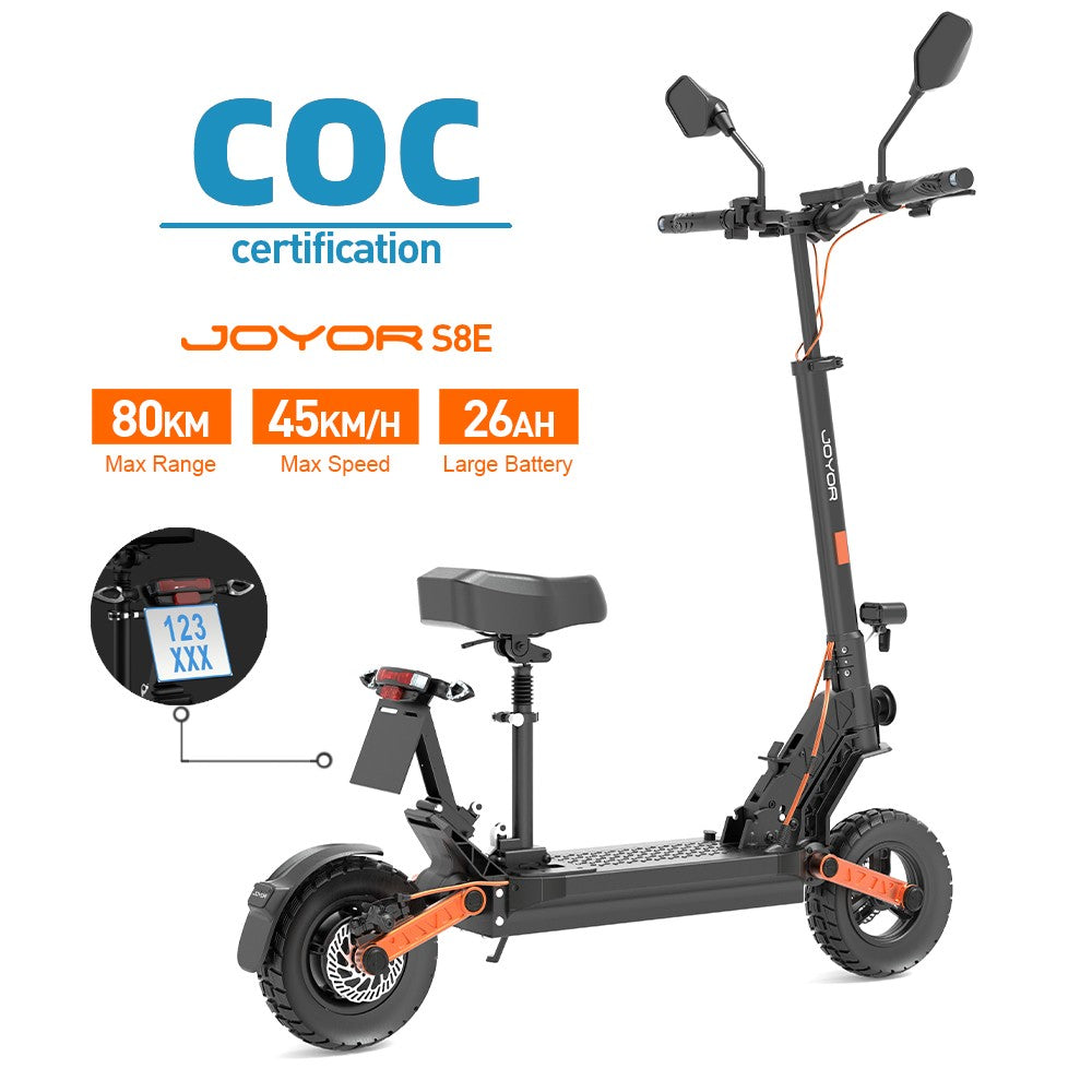 Ciclomotor eléctrico todoterreno JOYOR S8E de 10 pulgadas con asiento, motor NFC de 800 W, batería de 48 V y 26 Ah (certificado CEE)