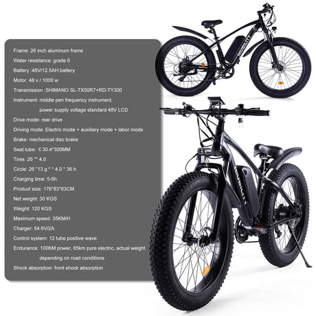 Bicicleta de montaña eléctrica NIUBILITY B26 de 26 pulgadas, motor de 1000 W, batería de 48 V y 15 Ah
