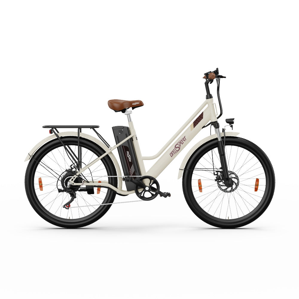 OneSport OT18-3 Step-Through-E-Bike, Upgrade-Version, 7 Gänge, 36 V, 14,4 Ah, Akku, 250 W Motor, 26-Zoll-Reifen, weiß und braun