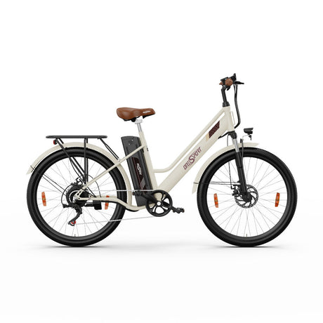 OneSport OT18-3 Step-Through-E-Bike, Upgrade-Version, 7 Gänge, 36 V, 14,4 Ah, Akku, 250 W Motor, 26-Zoll-Reifen, weiß und braun