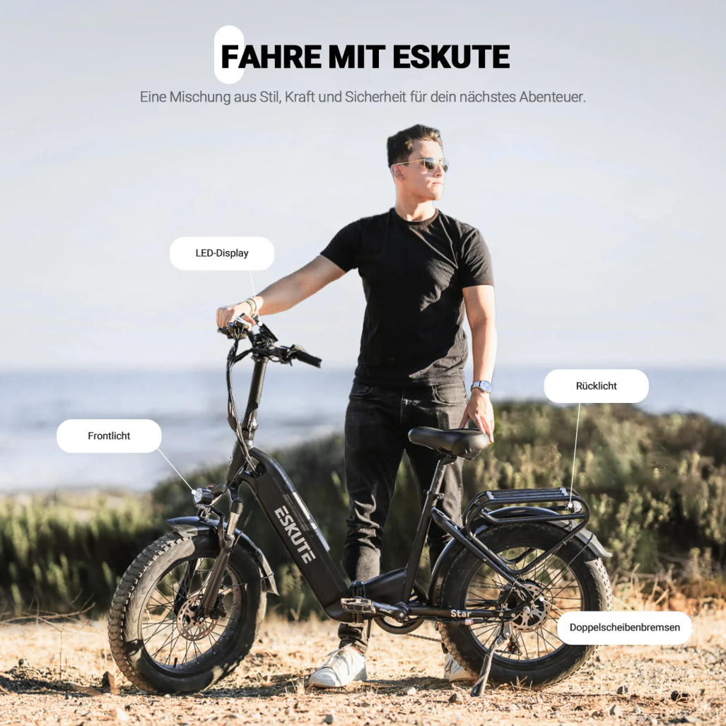 ESKUTE Star 20" Fat Tire Faltbares Elektrofahrrad 250W Motor 36V 25Ah Batterie