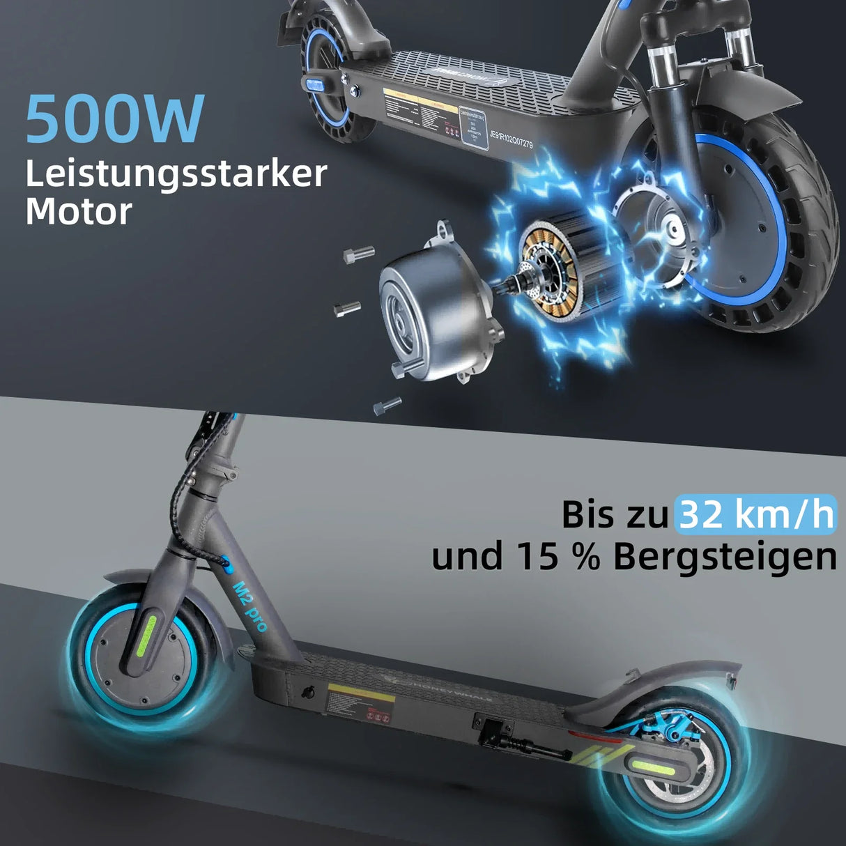 HONEYWHALE M2 Pro Zusammenklappbarer Elektroroller mit App-Steuerung Bluetooth 500W Spitzenmotor 36V 7,8Ah Batterie