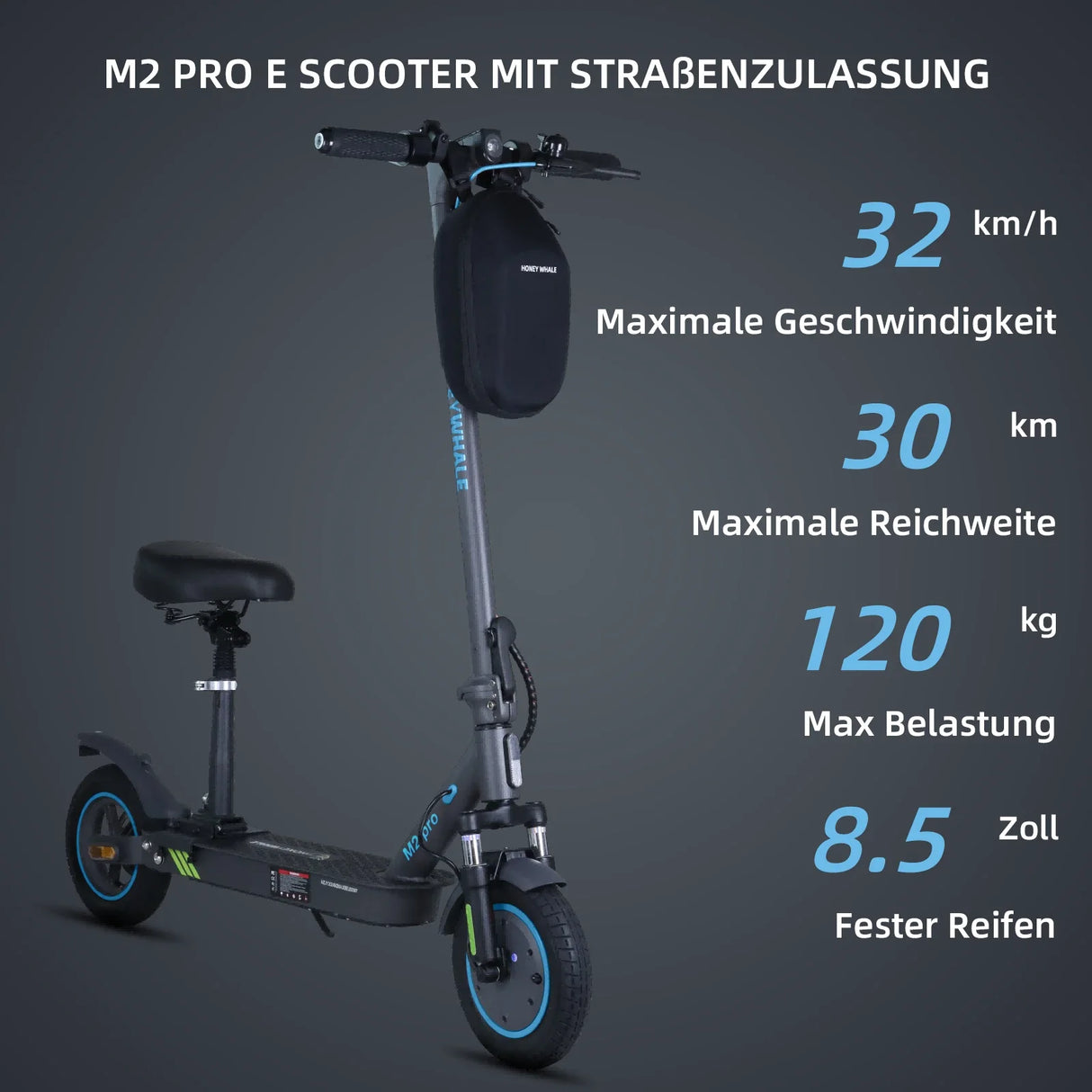 HONEYWHALE M2 Pro Zusammenklappbarer Elektroroller mit App-Steuerung Bluetooth 500W Spitzenmotor 36V 7,8Ah Batterie