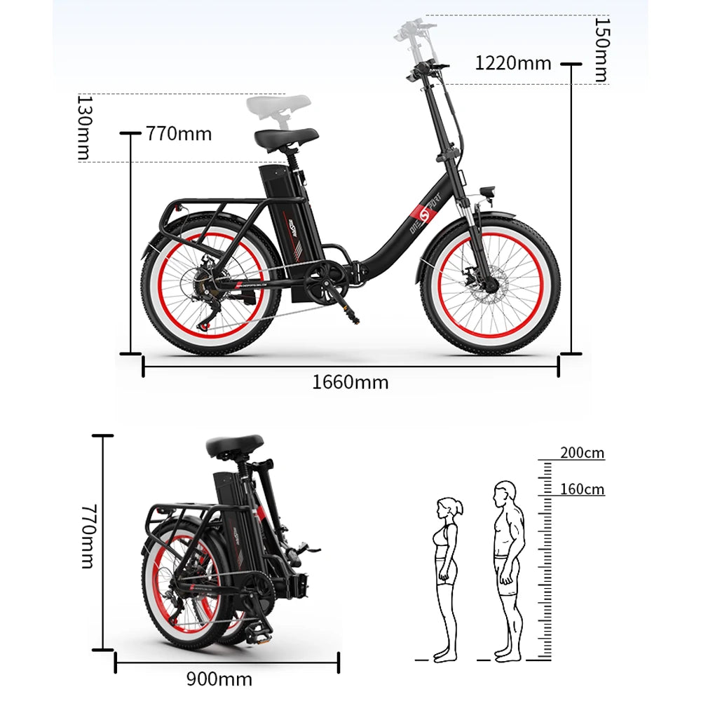 Körpergröße und empfohlene Höhe des OneSport OT16-2 faltbaren Pendler-E-Bikes